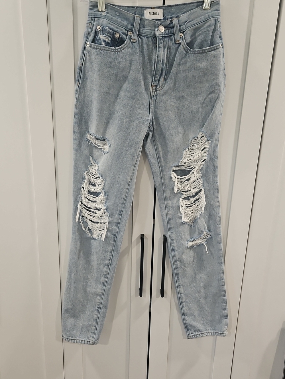 Pistola Presley High Rise Relaxed Roller Jeans. Light Wash. Very Distressed.
